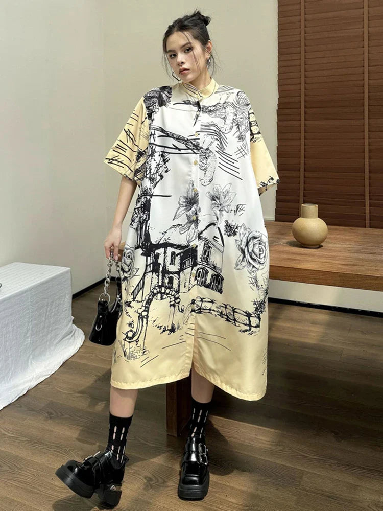 XITAO Chinese Style Printing Short Sleeve Dress Vintage Fashion Female New Summer Single Breasted A-line Shirt Dress DMJ4080
