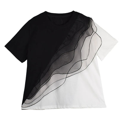 XITAO Gauze Patchwork Contrast Color T-Shirt O-neck Short Sleeve Loose All-match Personality Summer Woman T-shirt ZMY1265