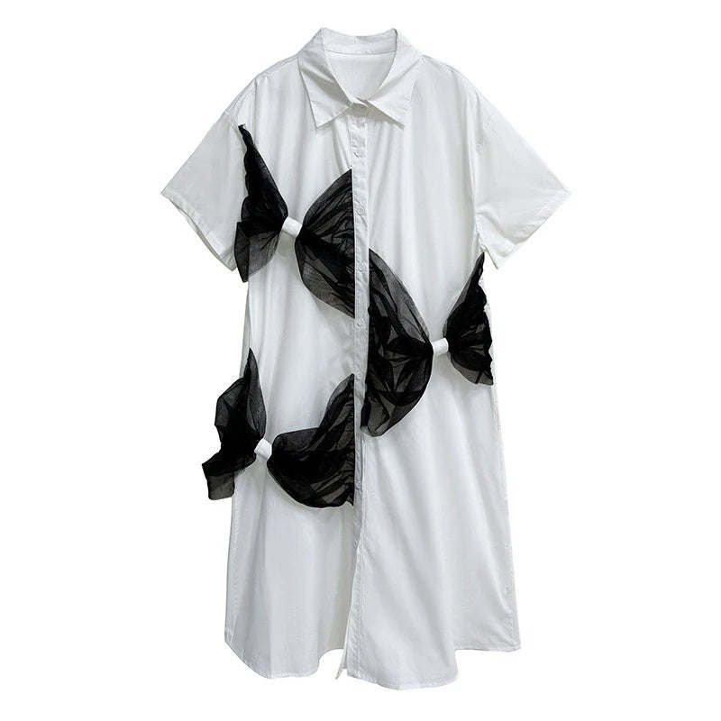 XITAO Patchwork Bow Mesh Female Shirt Dress Casual Simple Single Breasted Women Loose A-line Personality Street Dress HQQ2443
