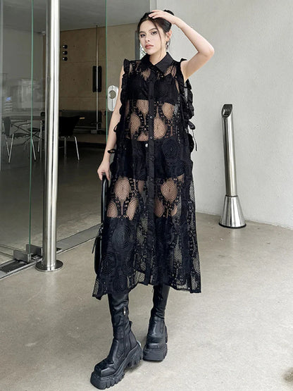 XITAO Sleeveless Lace-up Shirt Dress Vintage Lace Hollow Out Embroidery Perspective Dress Summer New Personality Women DMJ4132