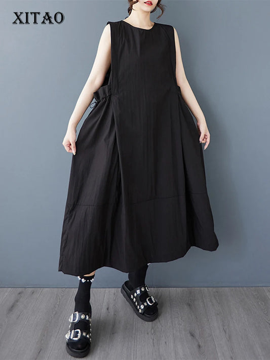 XITAO Drawstring Sleeveless O-neck Dress Casual A-line Loose Fitting Solid Color Simple New Arrival Summer Female Dress ZMY1199
