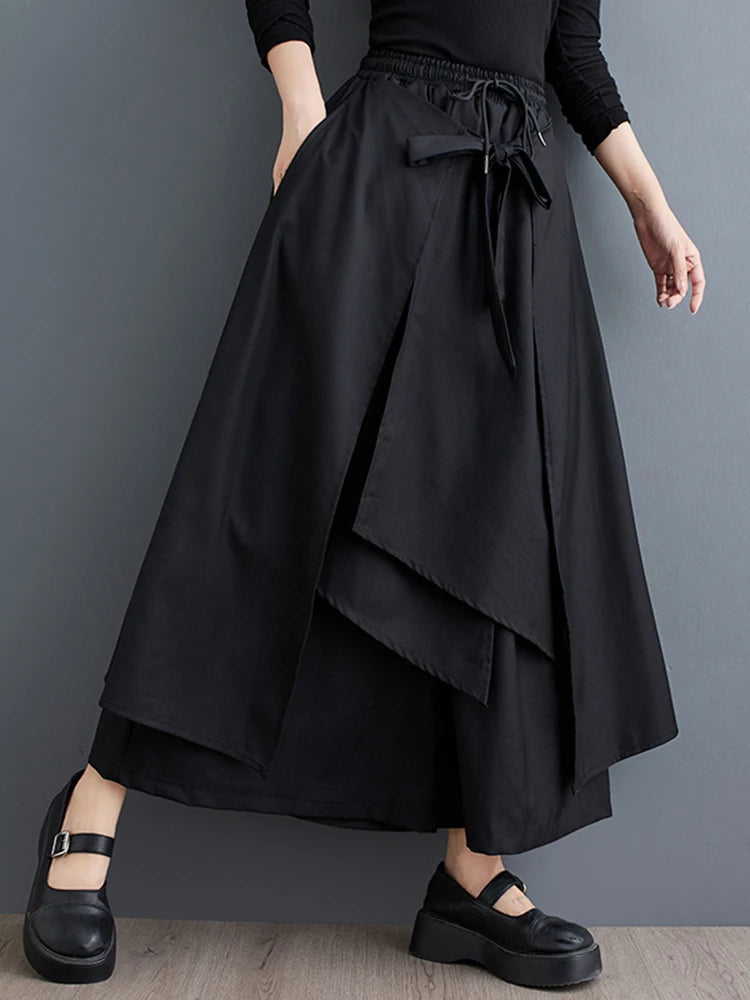 XITAO Asymmetric Wide Leg Lace-up Pant Casual Elastic Waist Fake Two Pieces New Arrival Mid Waist Spring Women Pant GYX1628