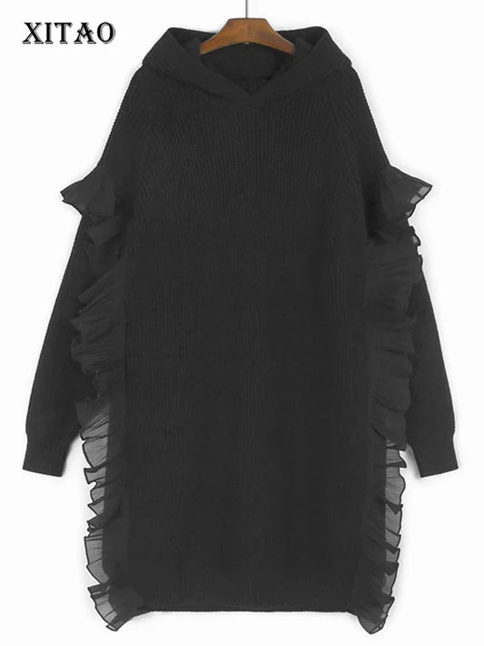 XITAO Hooded Ruffles Casual Solid Color Dress Full Sleeve Straight Pullover Knee-length Knitting Sweet Autumn Dress GMM1273