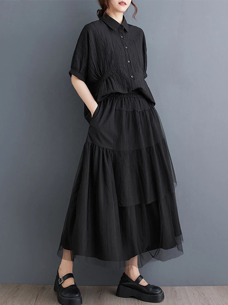 XITAO Patchwork Mesh Single Breasted Short Sleeve Lapel Matching Set Casual Solid Color A-line Elastic Waist Women Set GYX1576