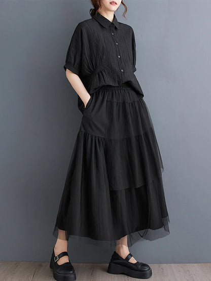 XITAO Patchwork Mesh Single Breasted Short Sleeve Lapel Matching Set Casual Solid Color A-line Elastic Waist Women Set GYX1576