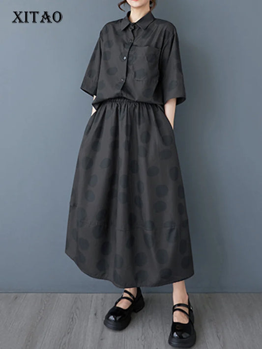 XITAO Polka Dot Print Pocket Patchwork Female Sets Turn-down Collar Short Sleeve Loose Top Elastic Waist Skirt HQQ2486
