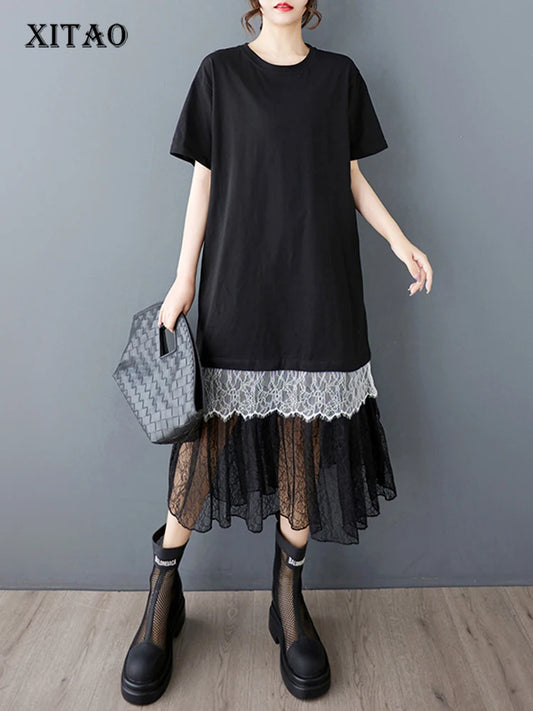XITAO Gauze Patchwork Lace Contrast Color Pullover Dress O-neck Short Sleeve Loose A-line Mid-calf Casual T-shirt Dress HQQ2474