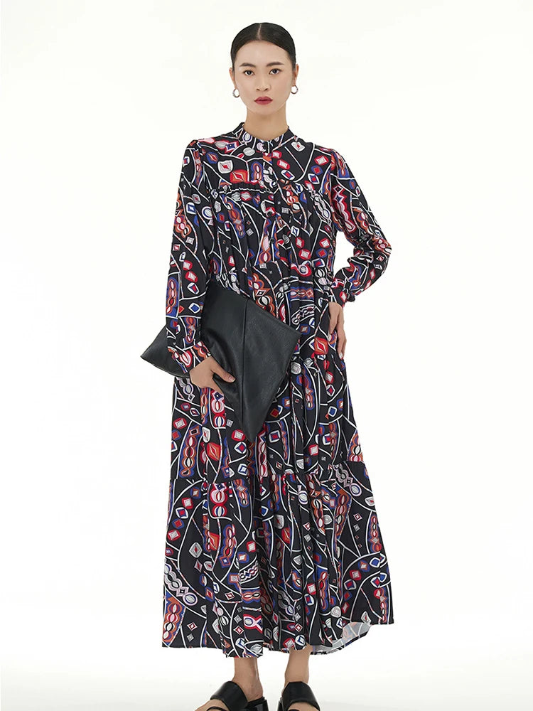 XITAO Geometric Print Dress Loose Fashion Contrast Color Stand Collar Long Sleeve Vintage Women Shirt Dress New HQQ2107