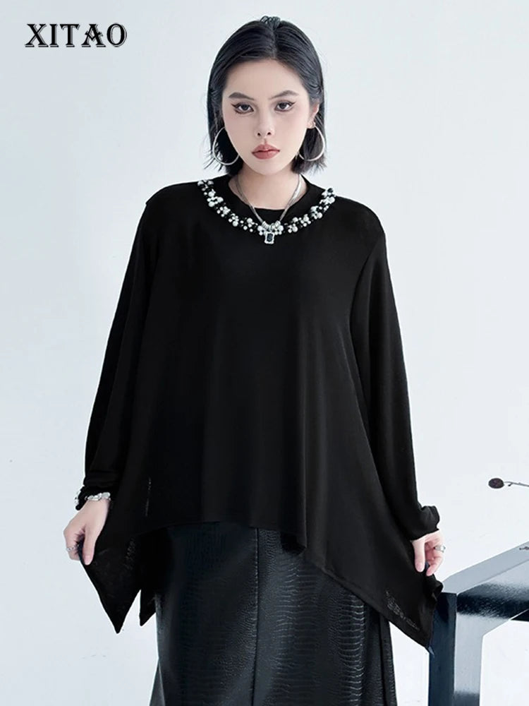 XITAO Asymmetrical Embroidered Flares T-Shirts Solid Color Long Sleeve Patchwork O-neck Pullover Loose Temperament Top ZMY1159