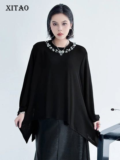 XITAO Asymmetrical Embroidered Flares T-Shirts Solid Color Long Sleeve Patchwork O-neck Pullover Loose Temperament Top ZMY1159