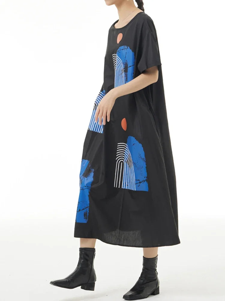 XITAO Black O-neck Patchwork Dress Short Sleeve Pullover Elegant Fashion Simplicity Casual Loose Summer New Arrival WLD16086