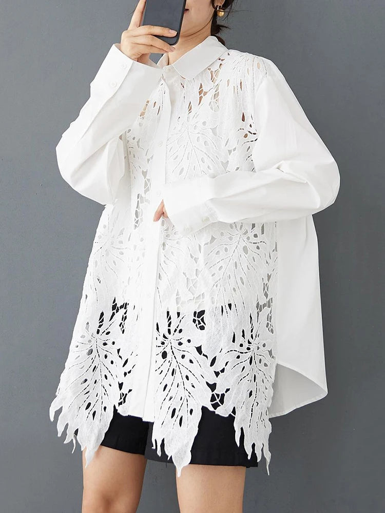 XITAO Hollow Out Lace Patchwork Women Shirt Single Breasted Turn-down Collar Solid Color Long Sleeve Loose All Match Top ZY8934