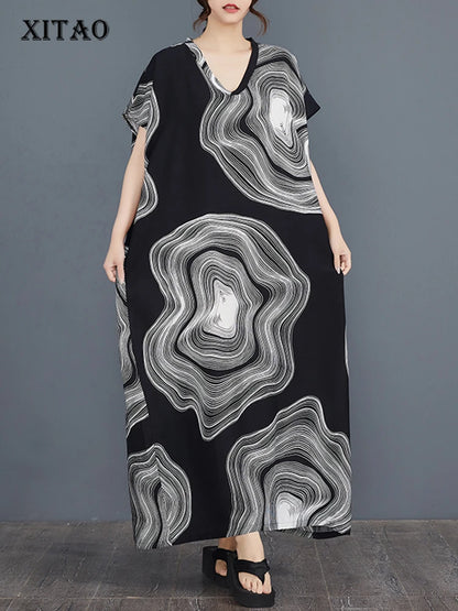 XITAO Batwing Sleeve A-line Print Dress Short Sleeve Casual Simple Personality Loose Fitting Summer Female Dress ZMY1154