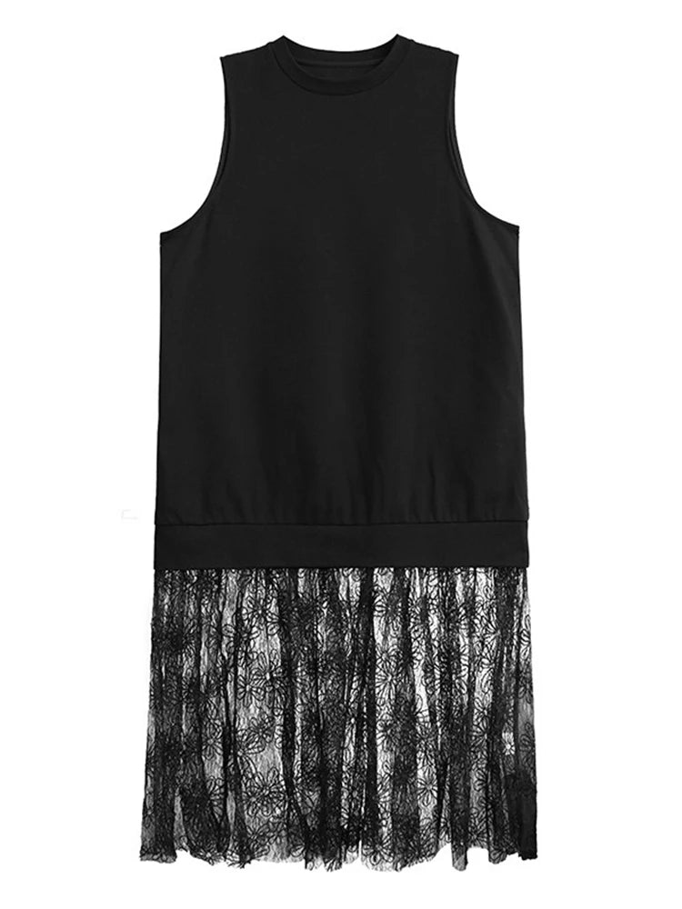 XITAO Mesh Patchwork O-neck Female Dress Simple Temperament Sleeveless Women Summer Fashion Solid Color Slimming Dress ZMY1165