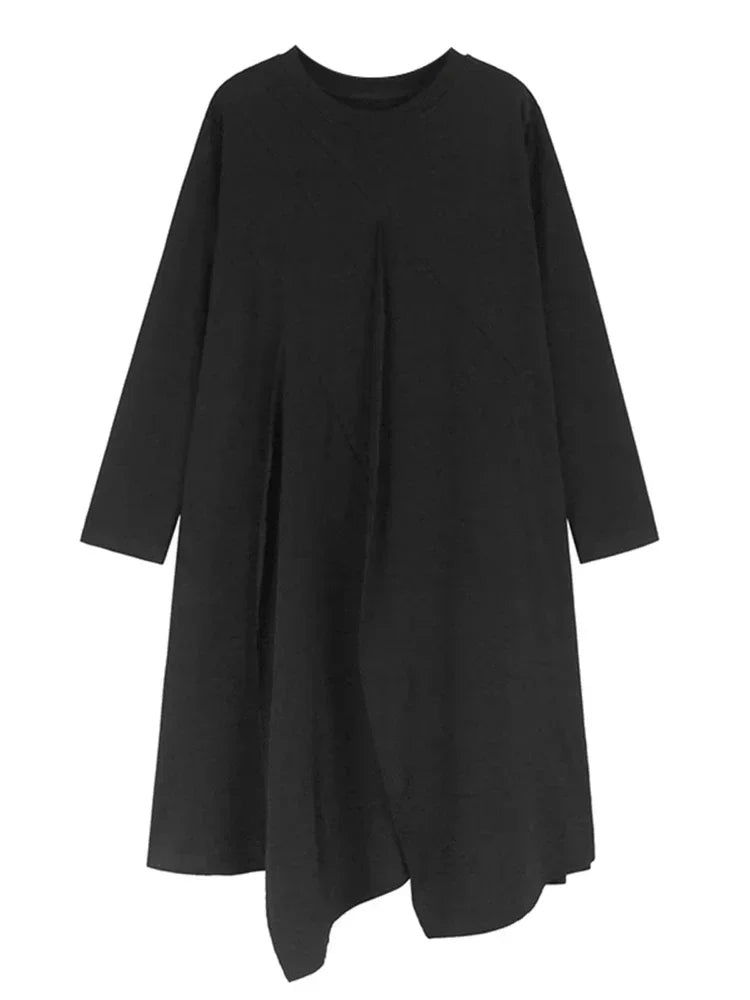 XITAO Gauze Patchwork Pocket Dress Solid Color O-neck Long Sleeve Pullover Loose Casual Slimming Dresses 2025 Spring New GJ1098