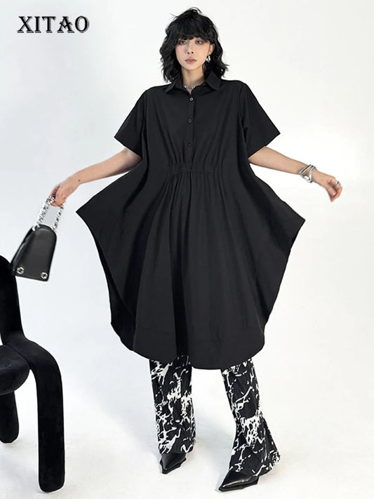 XITAO Asymmetrical Solid Color Patchwork Side Slit Dress Turn-down Collar Loose Casual Simple Slim Summer Woman Dress ZMY1302