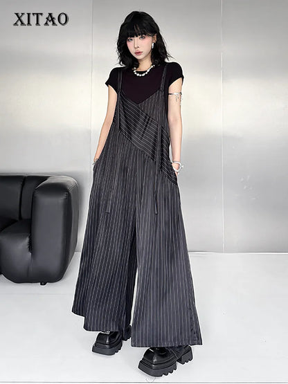 XITAO Irregular Patchwork Loose Jumpsuits Striped Casual Slimming Temperament Sleeveless V-neck Summer Woman Jumpsuits ZY8945
