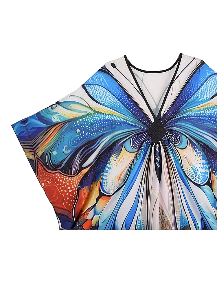 XITAO Pullover Contrast Color Dress Bat Wing Sleeve V-neck Butterfly Print Fashion Loose Vintage Summer Woman Dress  GJ1164