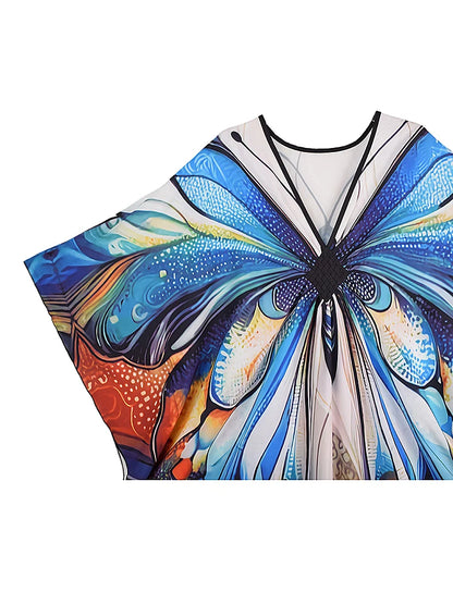 XITAO Pullover Contrast Color Dress Bat Wing Sleeve V-neck Butterfly Print Fashion Loose Vintage Summer Woman Dress  GJ1164