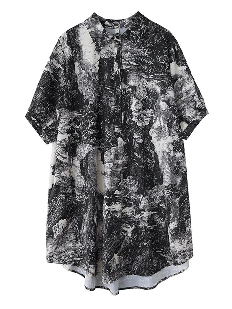 XITAO Loose Print Shirt Dress Vintage Simple Short Sleeve Slimming All-match Women Summer Korea Irregular Dress ZMY1150