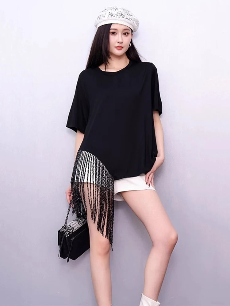 XITAO Tassels Asymmetrical Solid Color T-Shirts O-neck Loose Short Sleeve Pullovers Simple Summer Woman T-Shirts ZMY1262