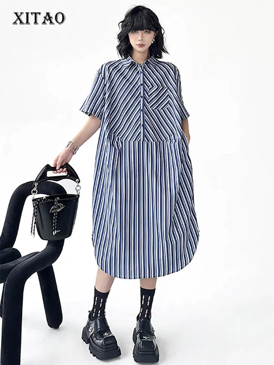 XITAO Asymmetric Striped Shirt Dress Elegant Temperament Single Breasted Women Loose Turn-down Collar Summer Dress ZMY1071