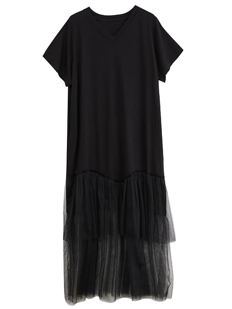 XITAO Patchwork Lace Mesh V-neck Dress A-line Short Sleeve Pleated Vintage Hong Kong Fashion Summer Women Dress HQQ2454