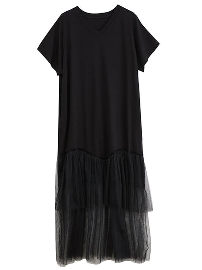 XITAO Patchwork Lace Mesh V-neck Dress A-line Short Sleeve Pleated Vintage Hong Kong Fashion Summer Women Dress HQQ2454