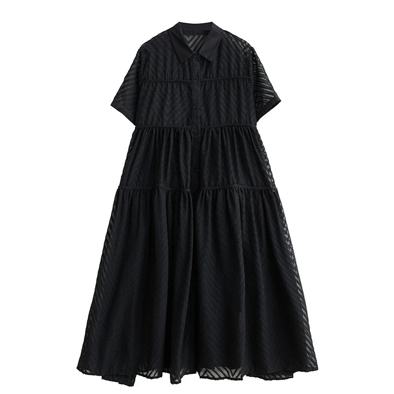 XITAO Hollow Out Single Breasted Two-piece Dress Casual A-line Turn-down Collar Korea New Arrival Fashion Women Dress ZMY1144