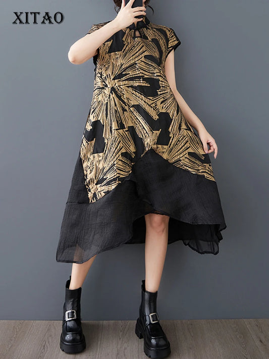 XITAO Loose Asymmetric Dress Fashion Contrast Color Patchwork Women Slimming Irregular Temperament Stand Collar Dress HQQ2438