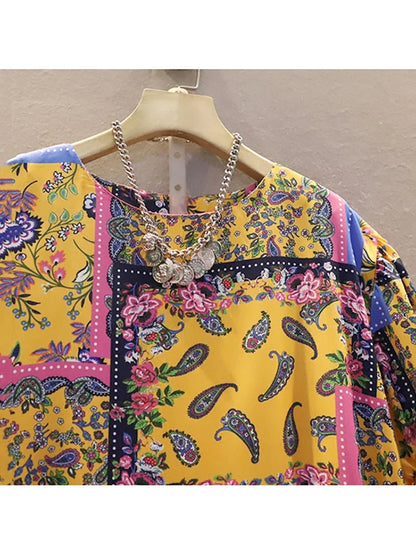 XITAO Contrast Color Print Dress Summer New Folk-custom Women Edible Tree Fungus Patchwork Hem Fashion Vintage Trendy WMD0739