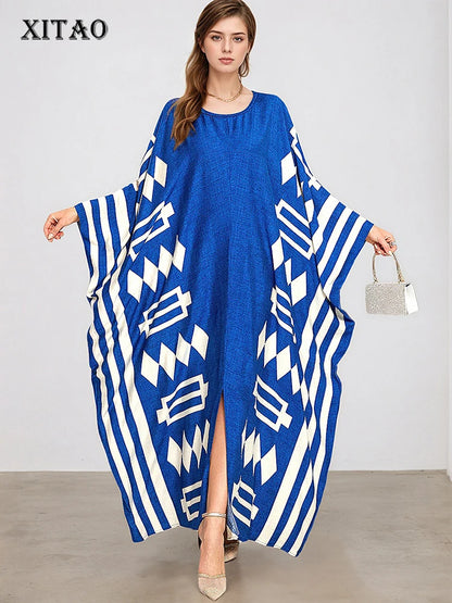 XITAO A-line Print O-neck Dress Bat Wing Sleeve Temperament Slimming Side Slit Print Personality Summer Female Dress GJ1190