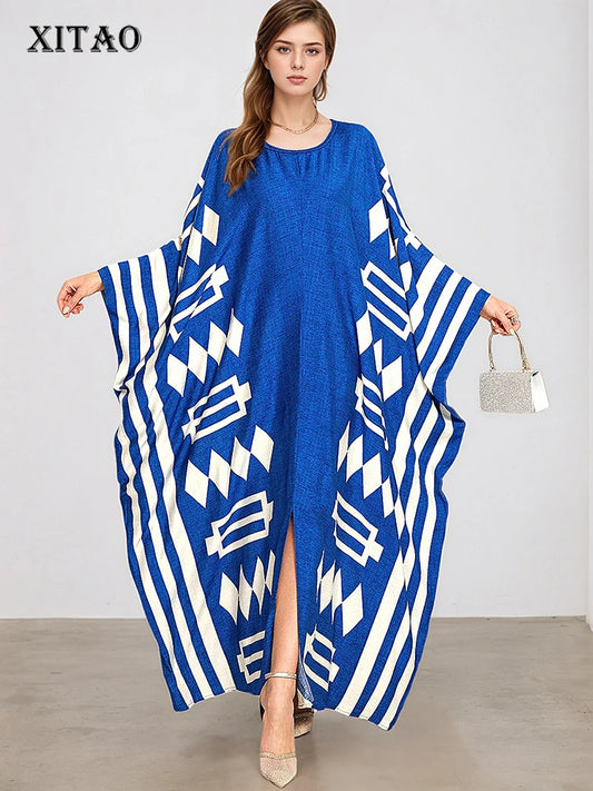 XITAO A-line Print O-neck Dress Bat Wing Sleeve Temperament Slimming Side Slit Print Personality Summer Female Dress GJ1190