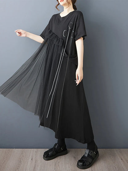 XITAO Gauze Patchwork Loose Female Dress Short Sleeve Pullover Irregular Casual Temperament Slimming Summer Woman Dress ZMY1359