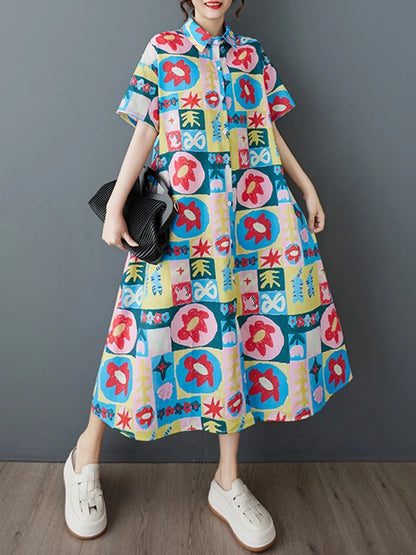 XITAO Print Flower Single Breasted Dress Turn-down Collar Casual New Korea Fashion A-line Short Sleeve Women Dress ZMY1133