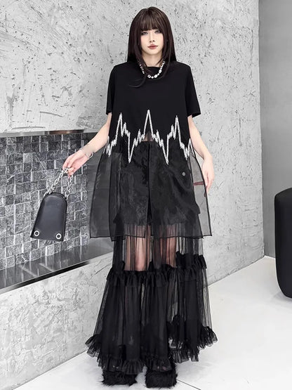 XITAO Patchwork Sequin Loose Dress Side Slit O-neck Short Sleeve Personality Perspective New Arrival Summer Woman Dress ZMY1324
