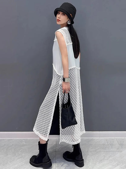 XITAO Hollow Out Patchwork Sleeveless Dress Casual Solid Color Simple A-line Fashion New Arrival Summer Women Dress ZMY1244