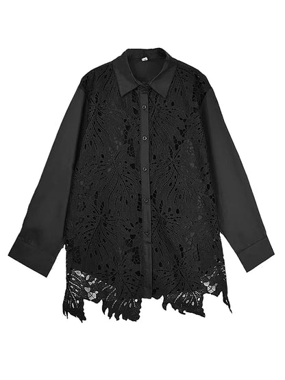 XITAO Hollow Out Patchwork Lace Lapel Women Shirt Casual Turn-down Collar Full Sleeve Fashion Spring Female Blouse GYX1614
