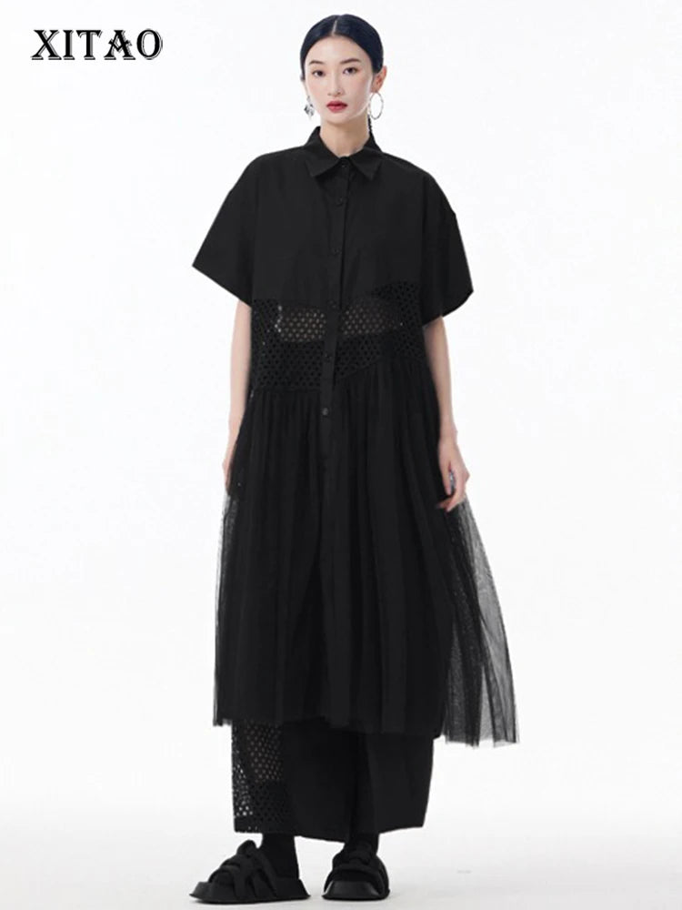 XITAO Patchwork Mesh Lapel Hollow Out Dress Casual A-line Short Sleeve Single Breasted Turn-down Collar Female Dress GYX1583