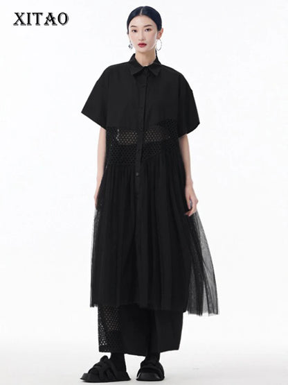 XITAO Patchwork Mesh Lapel Hollow Out Dress Casual A-line Short Sleeve Single Breasted Turn-down Collar Female Dress GYX1583