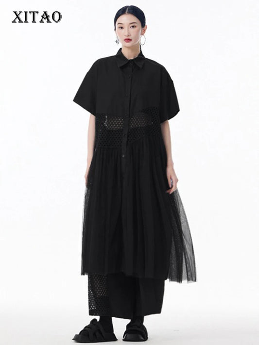 XITAO Patchwork Mesh Lapel Hollow Out Dress Casual A-line Short Sleeve Single Breasted Turn-down Collar Female Dress GYX1583