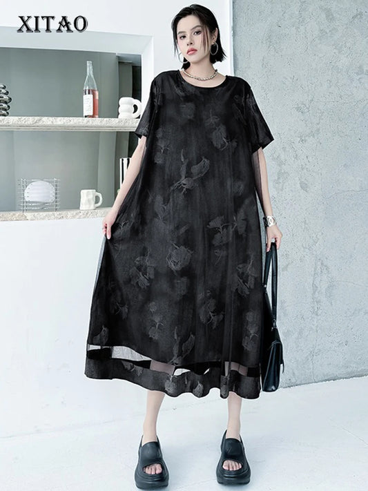 XITAO Print Patchwork Gauze Female Dress Short Sleeve O-neck A-line Loose Elegant Temperament Summer Woman Dress ZMY1239