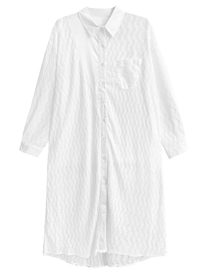 XITAO Patchwork Mesh Lace Single Breasted Dress Solid Color Turn-down Collar Full Sleeve Hong Kong Spring Women Dress GYX1508