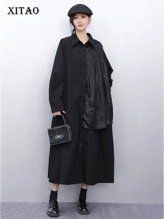 XITAO Patchwork Pleated Lapel Women Dress Casual Full Sleeve A-line Turn-down Collar Loose Slimming Spring Female Dress GYX1578