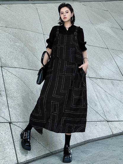 XITAO Patchwork Geometric Loose Strap Dress Sleeveless Casual Square Collar Simple All-match Slimming Summer Woman Dress HQQ2492
