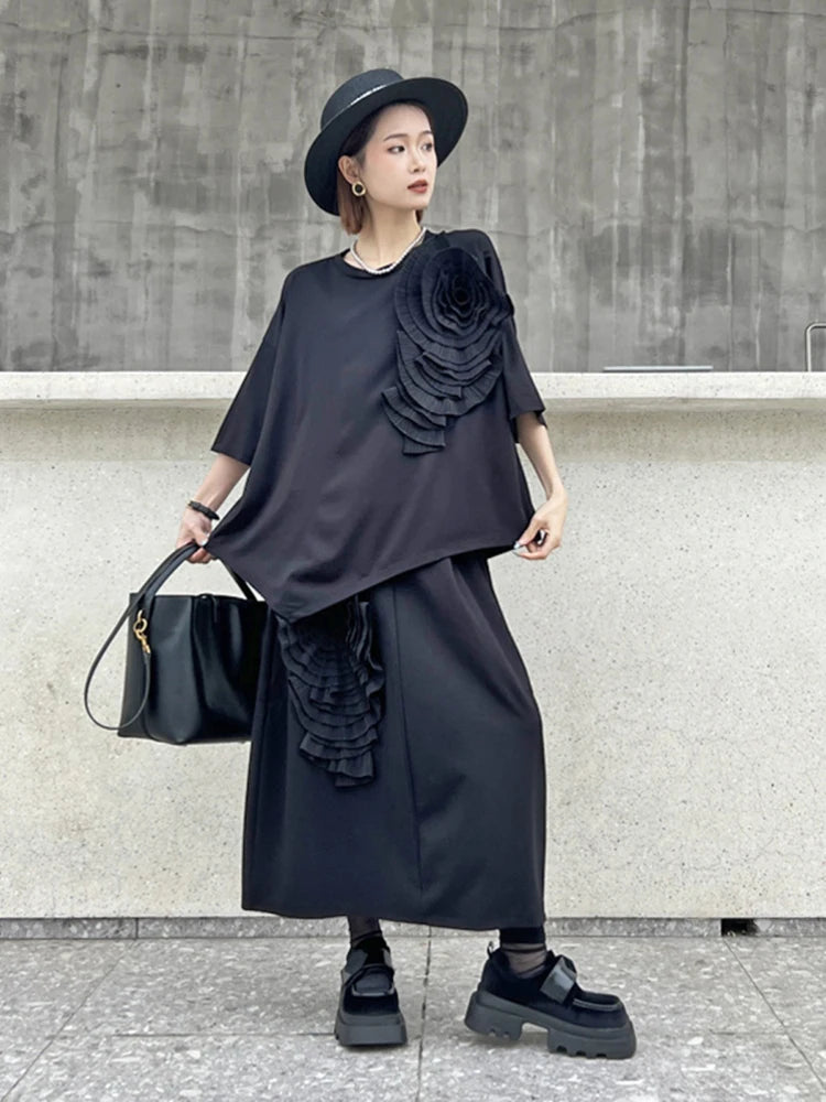 XITAO Three-dimensional Floral Female Dress Sets Solid Color O-neck Pullover Top Elastic Waist Skirts 2024 Summer DMJ4113