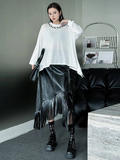 XITAO Asymmetrical Embroidered Flares T-Shirts Solid Color Long Sleeve Patchwork O-neck Pullover Loose Temperament Top ZMY1159