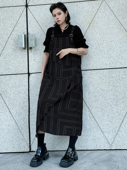 XITAO Patchwork Geometric Loose Strap Dress Sleeveless Casual Square Collar Simple All-match Slimming Summer Woman Dress HQQ2492