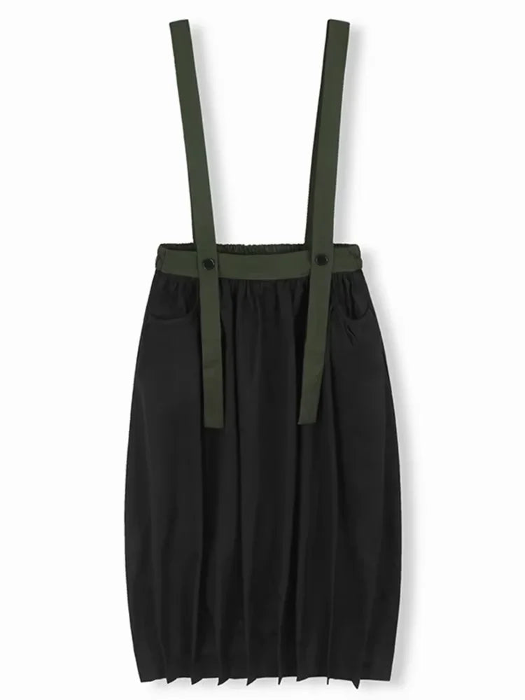 XITAO Folds Suspenders Contrast Color Skirts Casual Pocket Patchwork All Match A-line Loose Slimming Personality Skirt ZY8932