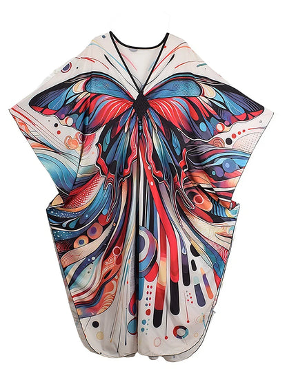 XITAO Butterfly Print V-neck Dress Bat Wing Sleeve Pullovers Side Slit Casual Vintage Ankle-length Summer Woman Dress GJ1168